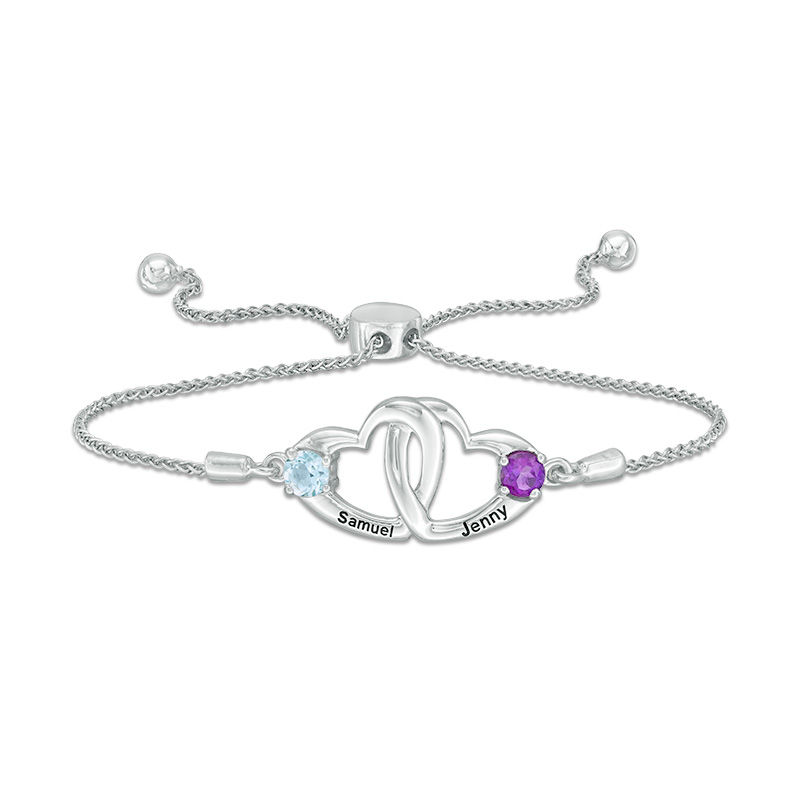 Couple's 4.0mm Simulated Birthstone Interlocking Heart Bolo Bracelet in Sterling Silver (2 Stones and Names)