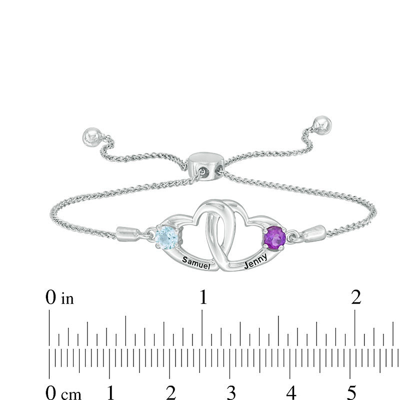 Couple's 4.0mm Simulated Birthstone Interlocking Heart Bolo Bracelet in Sterling Silver (2 Stones and Names)