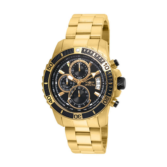 Men's Invicta Pro Diver Gold-Tone Chronograph Watch with Black Dial (Model: 22414)