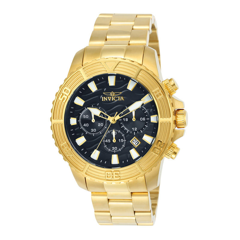 Men's Invicta Pro Diver Gold-Tone Chronograph Watch with Black Dial (Model: 24000)