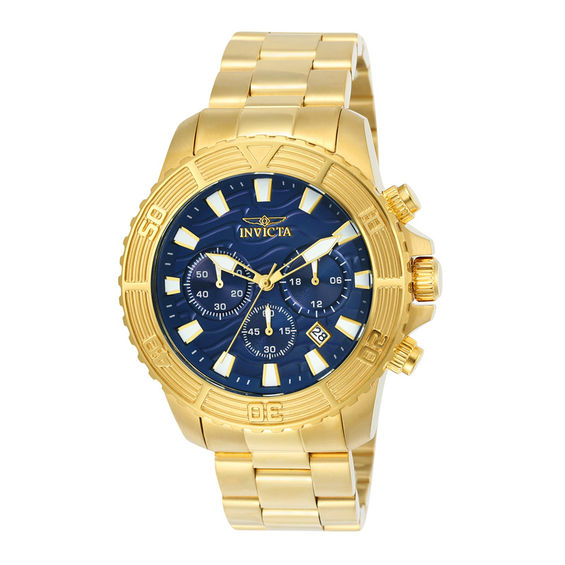 Men's Invicta Pro Diver Gold-Tone Chronograph Watch with Blue Dial (Model: 24001)