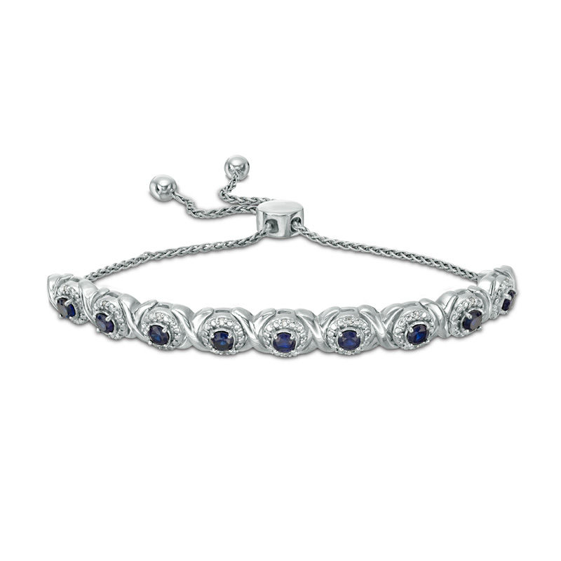 Lab-Created Blue Sapphire and 1/10 CT. T.W. Diamond Frame Bolo Bracelet in Sterling Silver - 9.5"