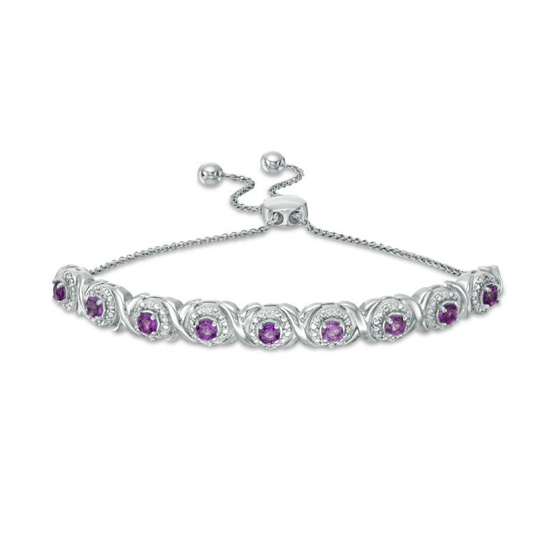 Amethyst and 1/10 CT. T.W. Diamond Frame Bolo Bracelet in Sterling Silver - 9.5"