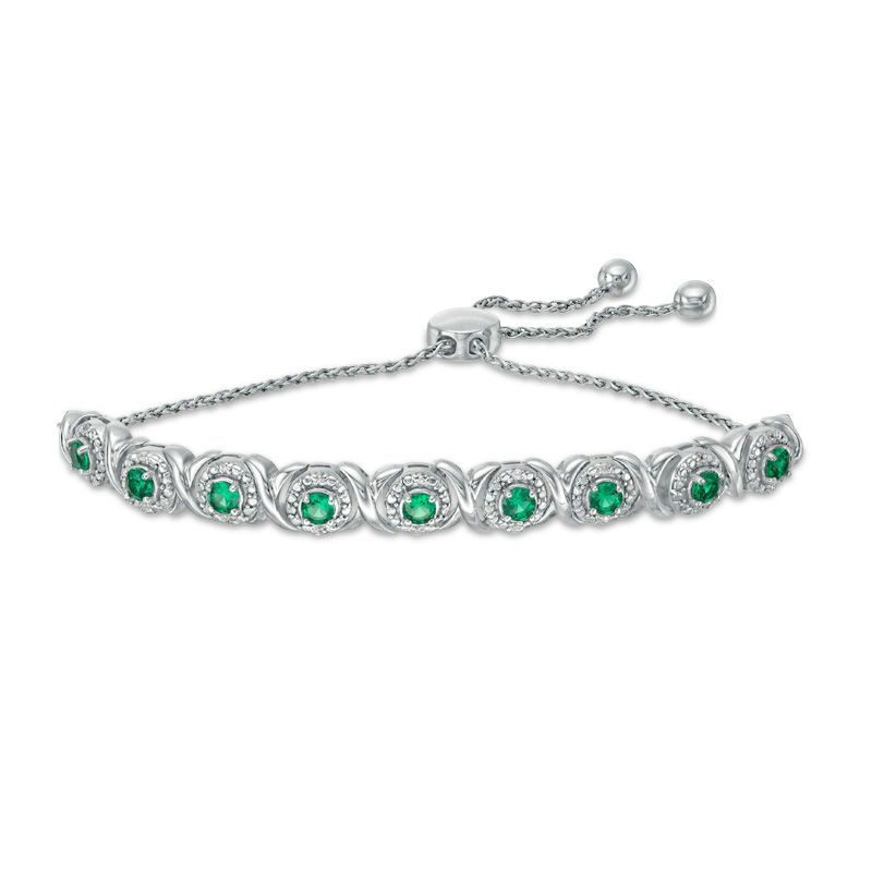 Lab-Created Emerald and 1/10 CT. T.W. Diamond Frame Bolo Bracelet in Sterling Silver - 9.5"