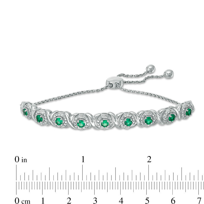 Lab-Created Emerald and 1/10 CT. T.W. Diamond Frame Bolo Bracelet in Sterling Silver - 9.5"