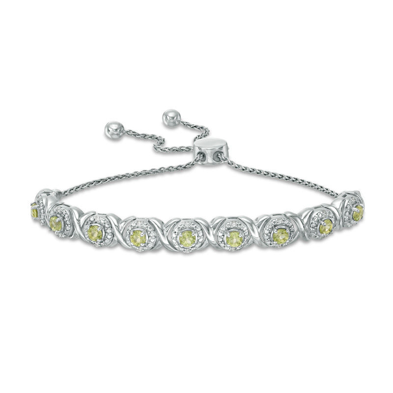 Peridot and 1/10 CT. T.W. Diamond Frame Bolo Bracelet in Sterling Silver - 9.5"