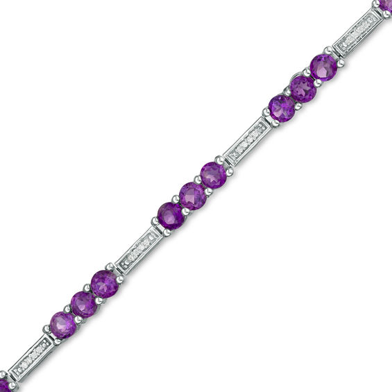 Amethyst and 1/10 CT. T.W. Diamond Three Stone Station Bracelet in 10K White Gold - 7.5" Amethyst and 1/10 CT. T.W. Diamond Three Stone Station Bracelet in 10K White Gold - 7.5"