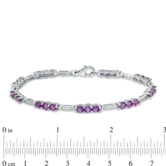 Amethyst and 1/10 CT. T.W. Diamond Three Stone Station Bracelet in 10K White Gold - 7.5" Amethyst and 1/10 CT. T.W. Diamond Three Stone Station Bracelet in 10K White Gold - 7.5"