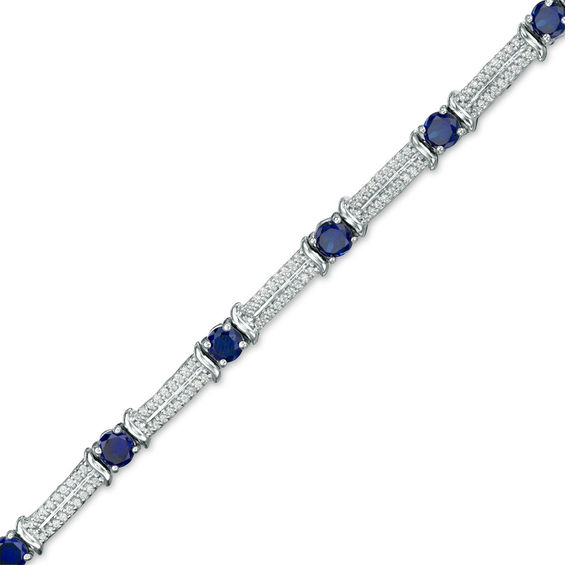 Lab-Created Blue Sapphire and 3/8 CT. T.W. Diamond Double Row Bracelet in Sterling Silver - 7.5" Lab-Created Blue Sapphire and 3/8 CT. T.W. Diamond Double Row Bracelet in Sterling Silver - 7.5"