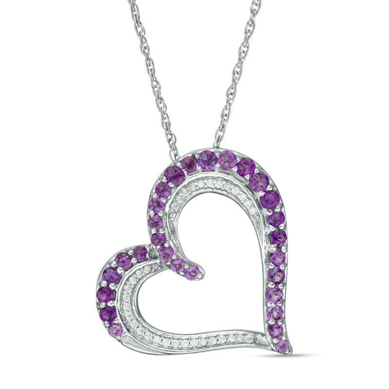 Amethyst and 1/10 CT. T.W. Diamond Tilted Heart Pendant in Sterling Silver