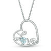 Thumbnail Image 0 of Heart-Shaped Aquamarine and Diamond Accent Tilted "LOVE" Pendant in Sterling Silver
