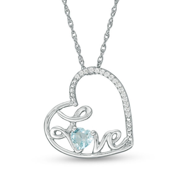 Heart-Shaped Aquamarine and Diamond Accent Tilted "Love" Pendant in Sterling Silver