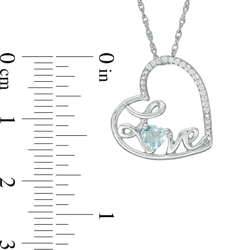 Main Image 2 of Heart-Shaped Aquamarine and Diamond Accent Tilted "LOVE" Pendant in Sterling Silver