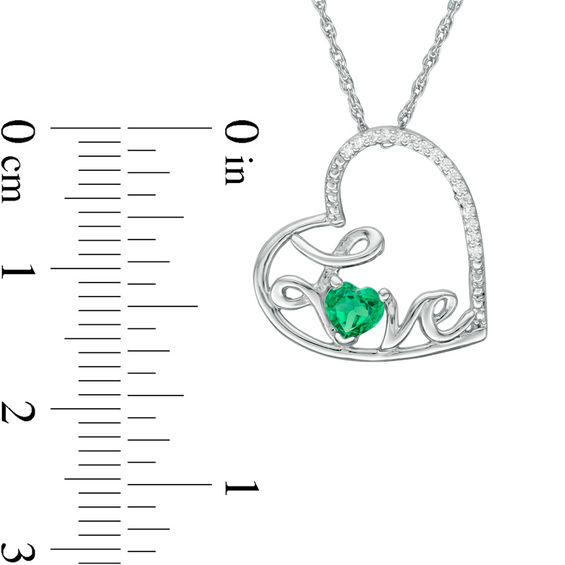 Heart-Shaped Lab-Created Emerald and Diamond Accent Tilted "Love" Pendant in Sterling Silver