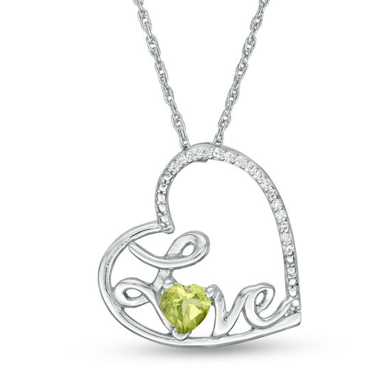Heart-Shaped Peridot and Diamond Accent Tilted "Love" Pendant in Sterling Silver