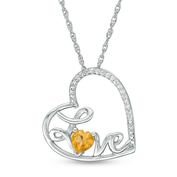 Heart-Shaped Citrine and Diamond Accent Tilted "Love" Pendant in Sterling Silver