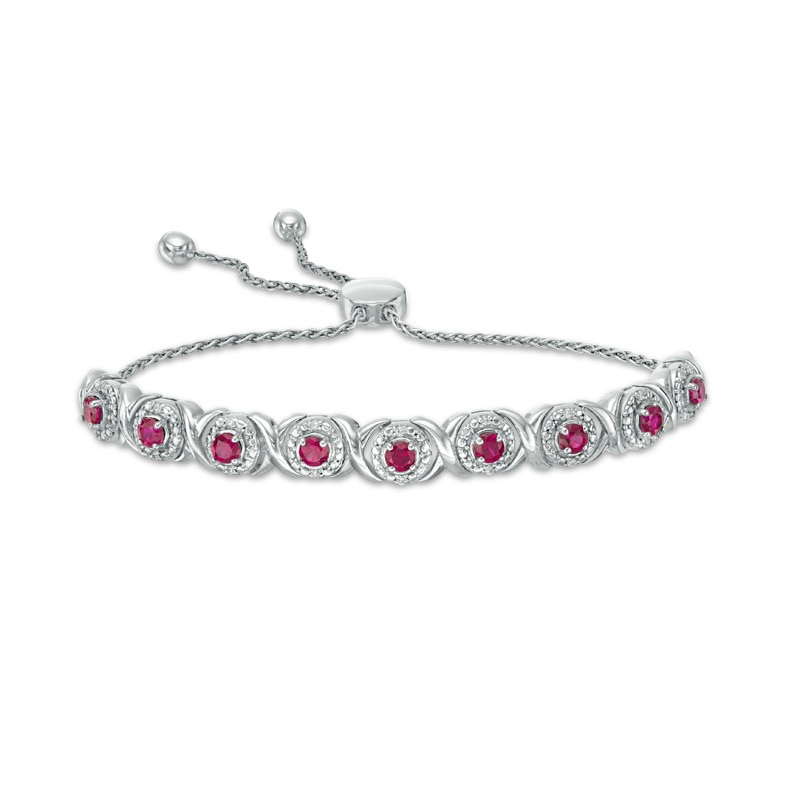 Main Image 1 of Lab-Created Ruby and 1/10 CT. T.W. Diamond Frame Bolo Bracelet in Sterling Silver - 9.5"