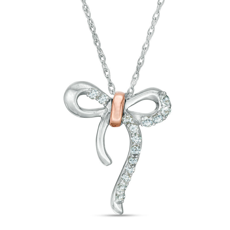 Aquamarine Bow Necklace in Sterling Silver and 10K Rose Gold