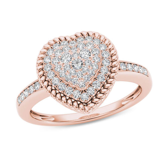 1/4 CT. T.W. Composite Diamond HeartShaped Rope Frame Ring in 10K Rose