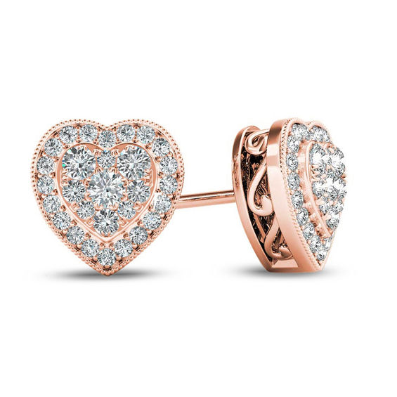 1/3 CT. T.w. Multi-Diamond Vintage-Style Heart Stud Earrings in 10K Rose Gold