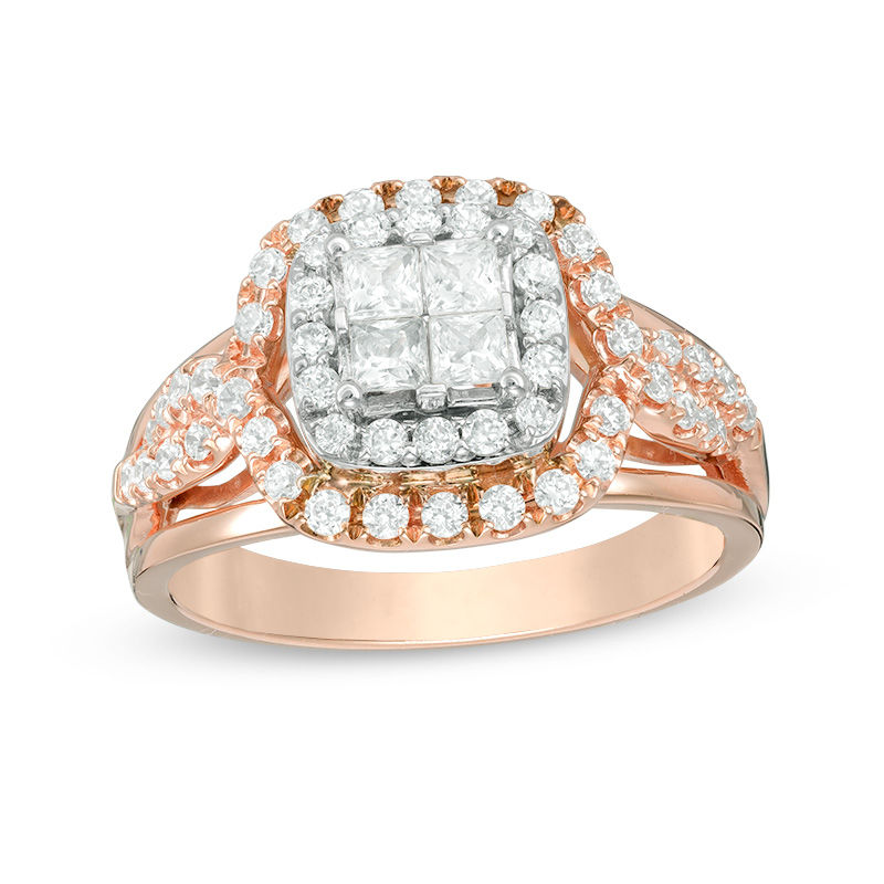 Main Image 1 of 7/8 CT. T.W. Quad Princess-Cut Diamond Double Frame Twist Engagement Ring in 14K Two-Tone Gold