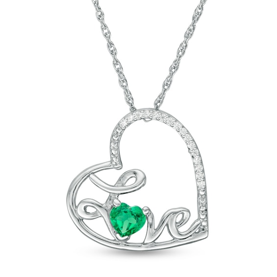 Heart-Shaped Lab-Created Emerald and Diamond Accent Tilted "Love" Pendant in Sterling Silver