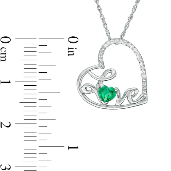 Heart-Shaped Lab-Created Emerald and Diamond Accent Tilted "Love" Pendant in Sterling Silver