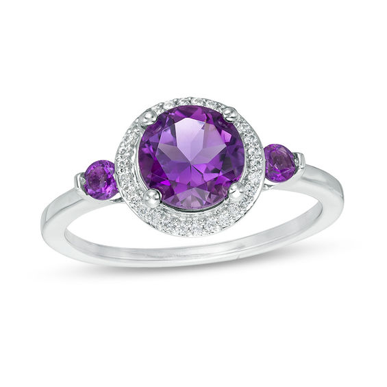 6.5mm Amethyst and 1/6 CT. T.w. Diamond Frame Three Stone Ring in Sterling Silver