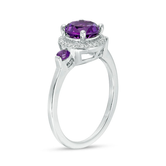 6.5mm Amethyst and 1/6 CT. T.w. Diamond Frame Three Stone Ring in Sterling Silver