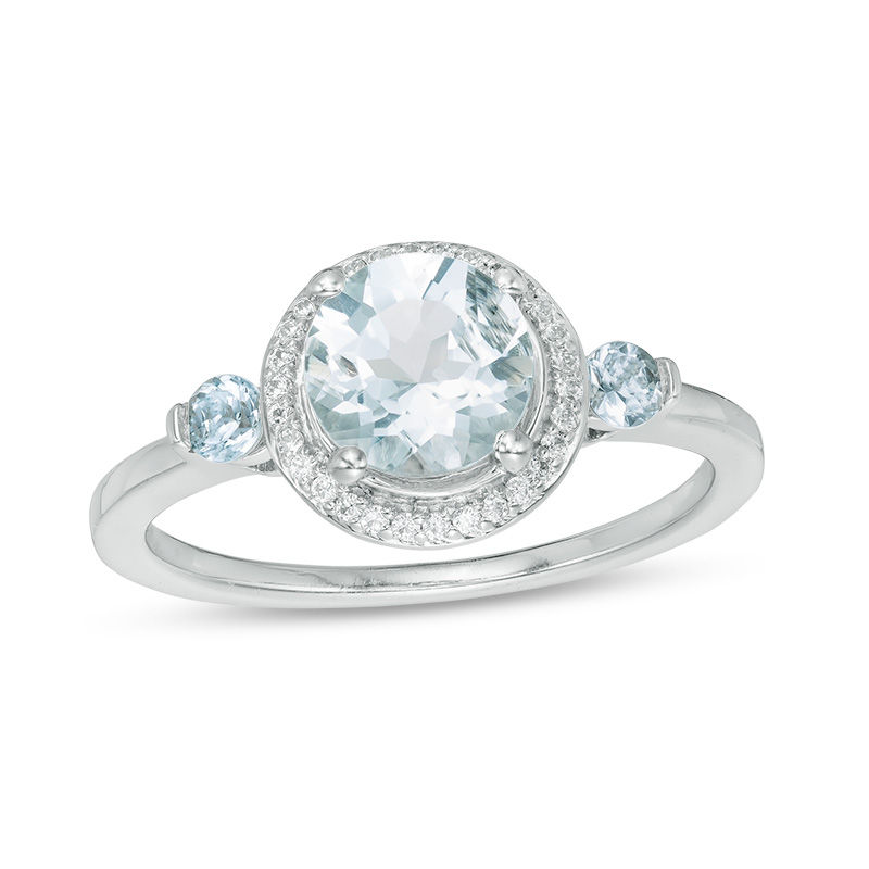 Aquamarine and 1/6 CT. T.W. Diamond Frame Three Stone Ring in Sterling Silver