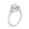 Thumbnail Image 1 of Aquamarine and 1/6 CT. T.W. Diamond Frame Three Stone Ring in Sterling Silver