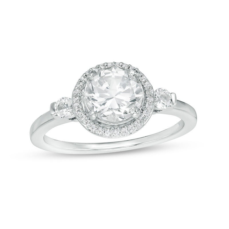 Lab-Created White Sapphire and 1/6 CT. T.W. Diamond Frame Three Stone Ring in Sterling Silver