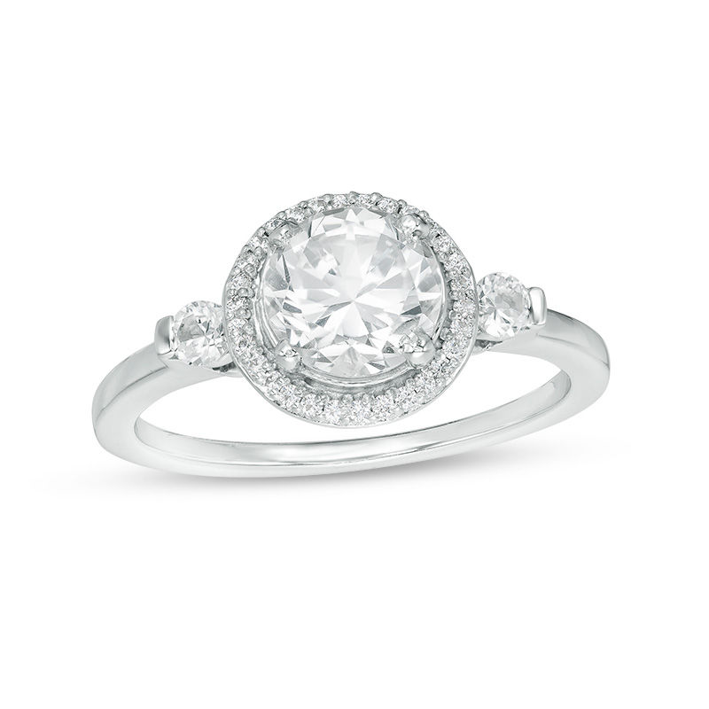 Main Image 1 of Lab-Created White Sapphire and 1/6 CT. T.W. Diamond Frame Three Stone Ring in Sterling Silver
