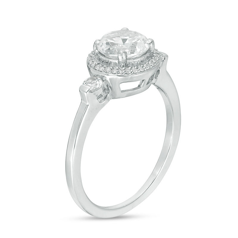 Lab-Created White Sapphire and 1/6 CT. T.W. Diamond Frame Three Stone Ring in Sterling Silver