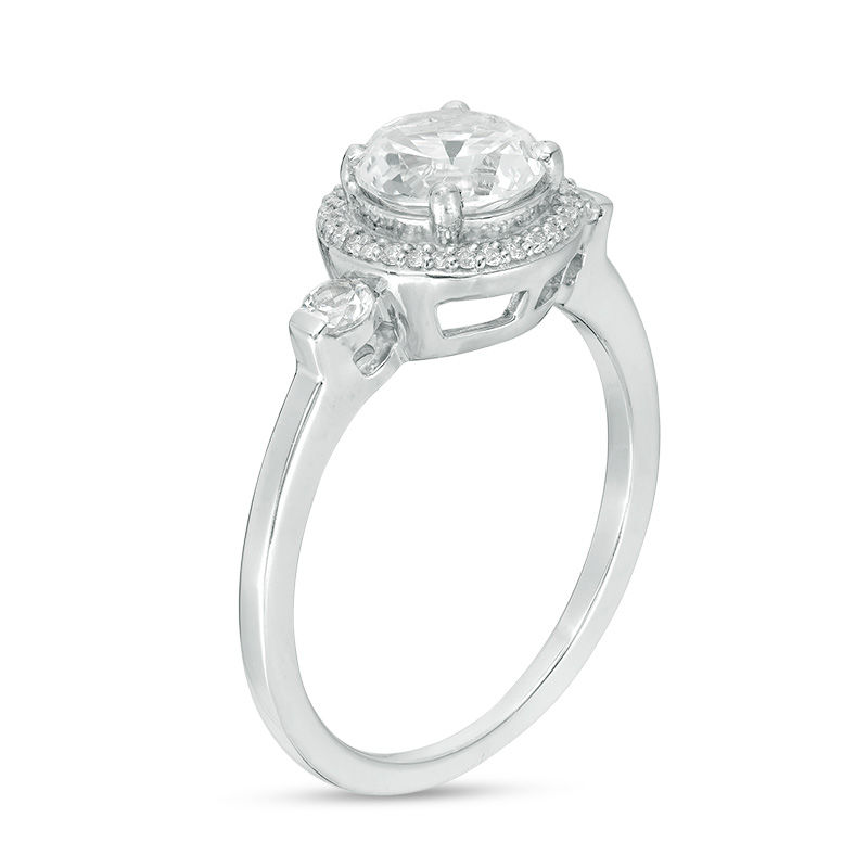 Main Image 2 of Lab-Created White Sapphire and 1/6 CT. T.W. Diamond Frame Three Stone Ring in Sterling Silver