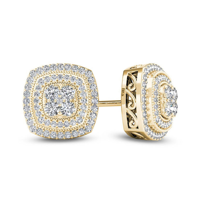 1/2 CT. T.W. Multi-Diamond Vintage-Style Double Cushion Frame Stud Earrings in 10K Gold