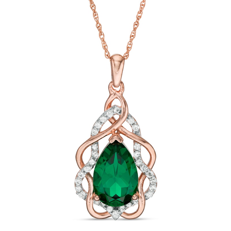Main Image 1 of Pear-Shaped Lab-Created Emerald and White Sapphire Free-Form Frame Pendant in 10K Rose Gold