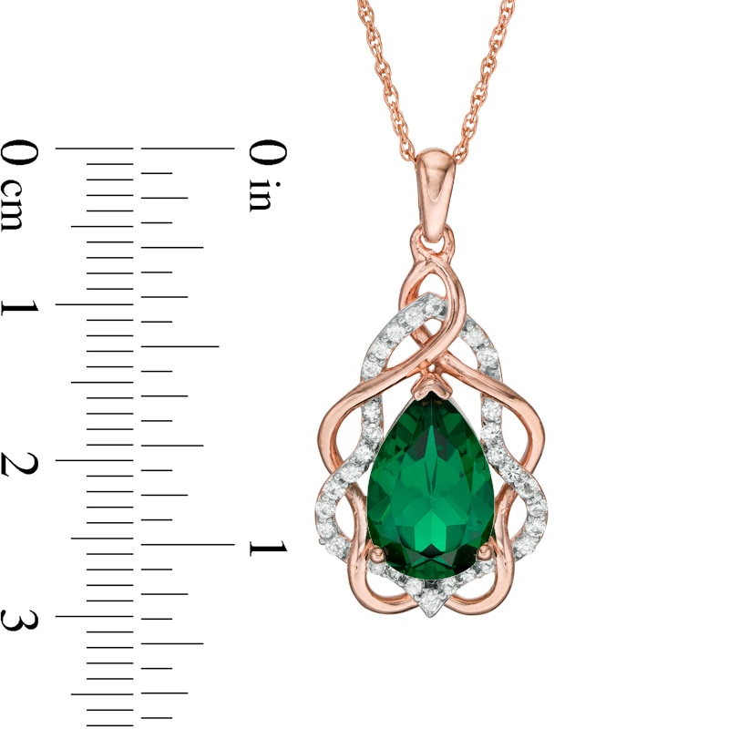 Main Image 2 of Pear-Shaped Lab-Created Emerald and White Sapphire Free-Form Frame Pendant in 10K Rose Gold