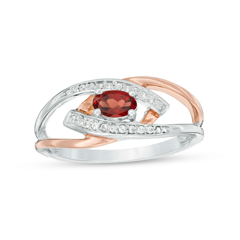 Oval Garnet and Diamond Accent Split Shank Ring in Sterling Silver and 10K Rose Gold