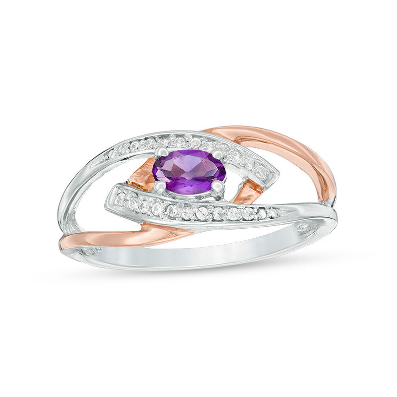 Main Image 1 of Oval Amethyst and Diamond Accent Spilt Shank Ring in Sterling Silver and 10K Rose Gold