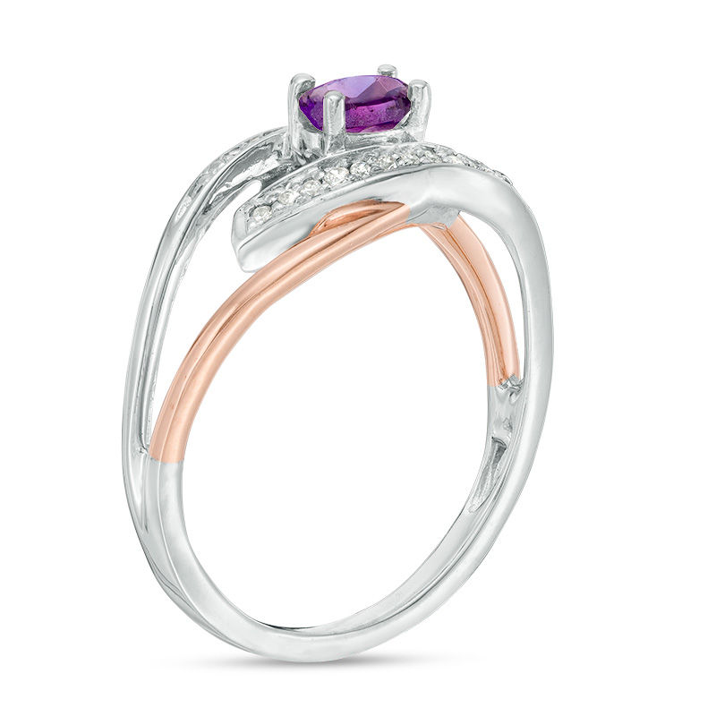 Main Image 2 of Oval Amethyst and Diamond Accent Spilt Shank Ring in Sterling Silver and 10K Rose Gold