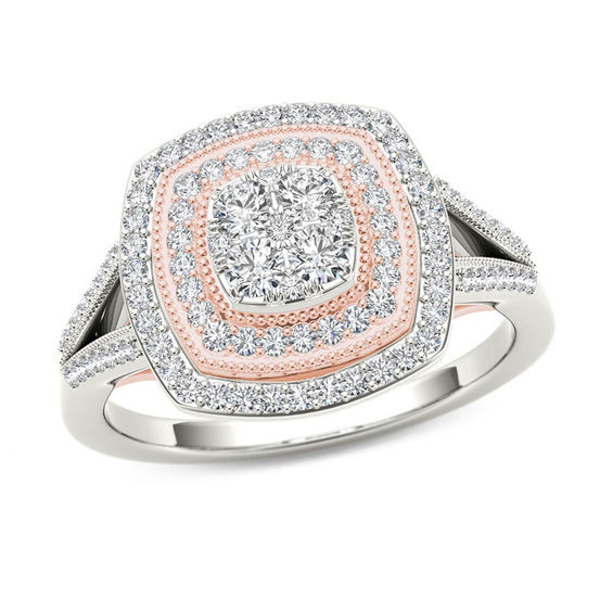 1/2 CT. T.W. Composite Diamond Vintage-Style Double Cushion Frame Ring in 10K Two-Tone Gold 1/2 CT. T.W. Composite Diamond Vintage-Style Double Cushion Frame Ring in 10K Two-Tone Gold