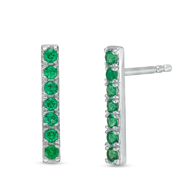Main Image 1 of Lab-Created Emerald Bar Drop Earrings in Sterling Silver