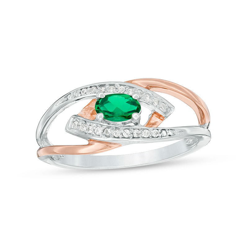 Main Image 1 of Oval Lab-Created Emerald and Diamond Accent Split Shank Ring in Sterling Silver and 10K Rose Gold