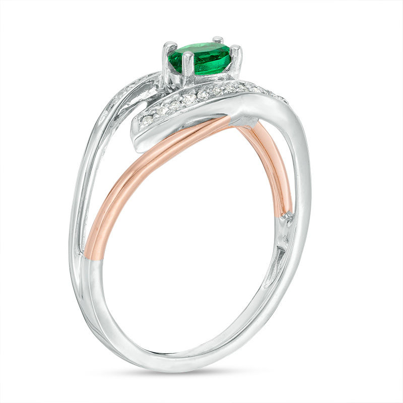 Main Image 2 of Oval Lab-Created Emerald and Diamond Accent Split Shank Ring in Sterling Silver and 10K Rose Gold