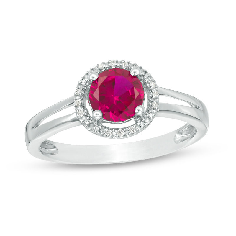 Main Image 1 of 5.7mm Lab-Created Ruby and Diamond Accent Frame Split Shank Ring in Sterling Silver