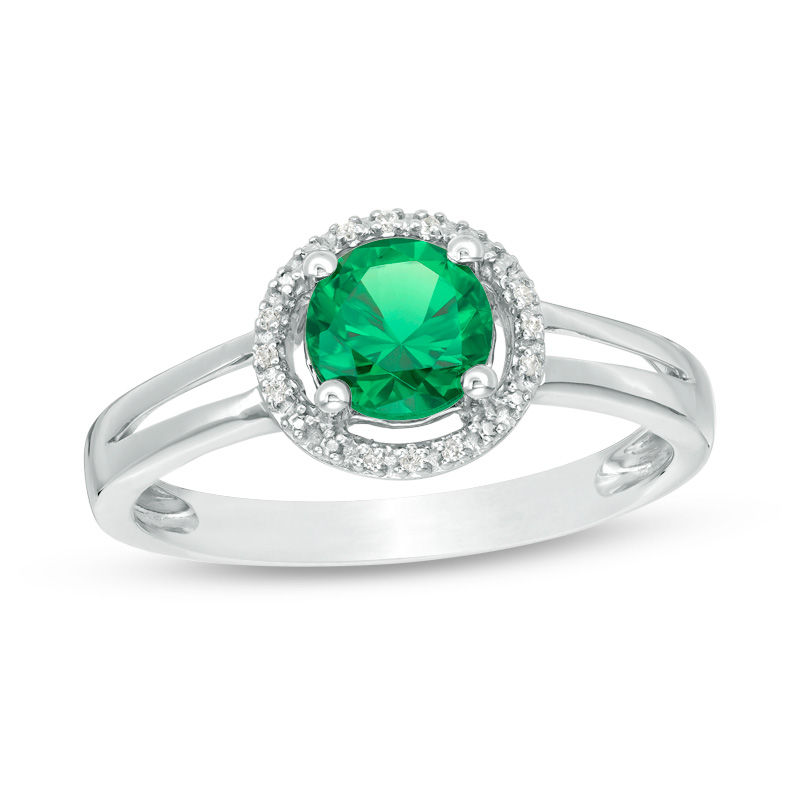 Main Image 1 of 5.7mm Lab-Created Emerald and Diamond Accent Frame Split Shank Ring in Sterling Silver
