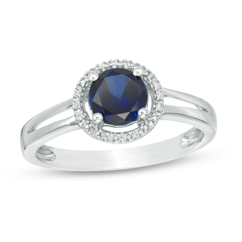 Main Image 1 of 5.7mm Lab-Created Blue Sapphire and Diamond Accent Frame Split Shank Ring in Sterling Silver
