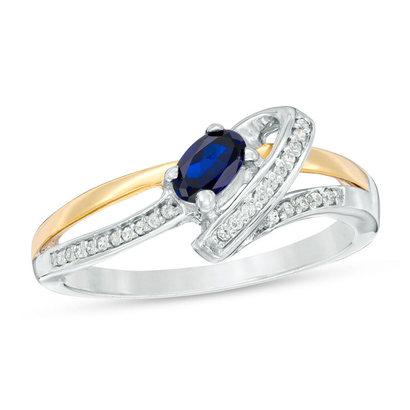 Main Image 1 of Oval Lab-Created Blue Sapphire and Diamond Accent Bypass Ring in Sterling Silver and 10K Gold