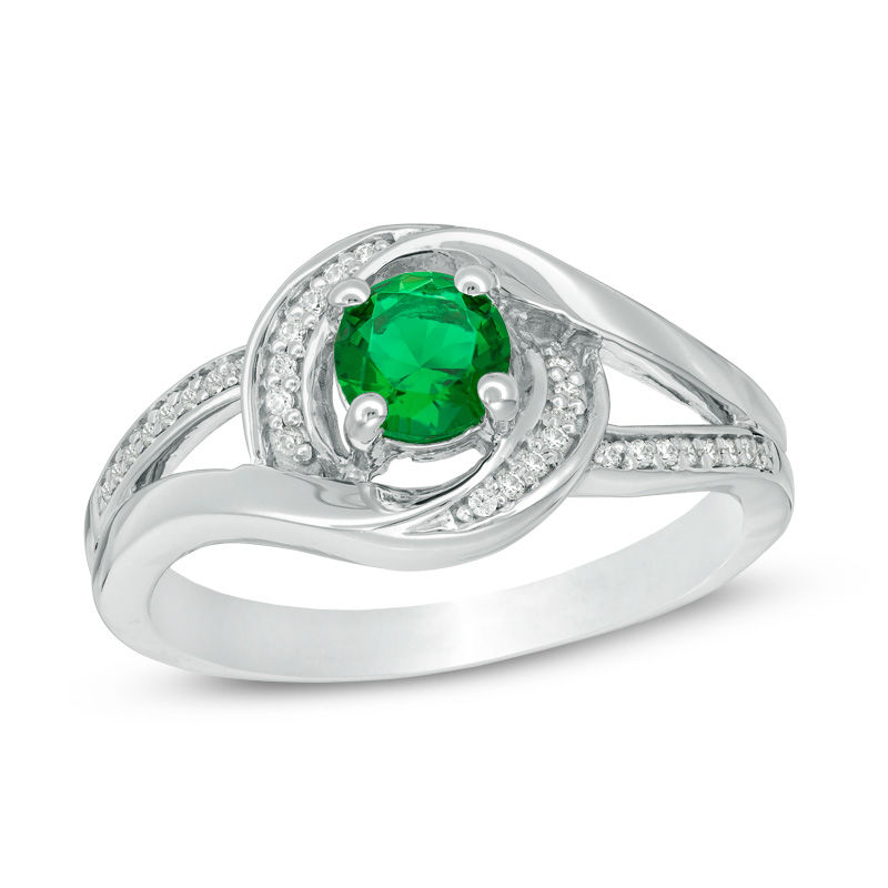 Main Image 1 of Lab-Created Emerald and 1/10 CT. T.W. Diamond Swirl Frame Split Shank Ring in Sterling Silver